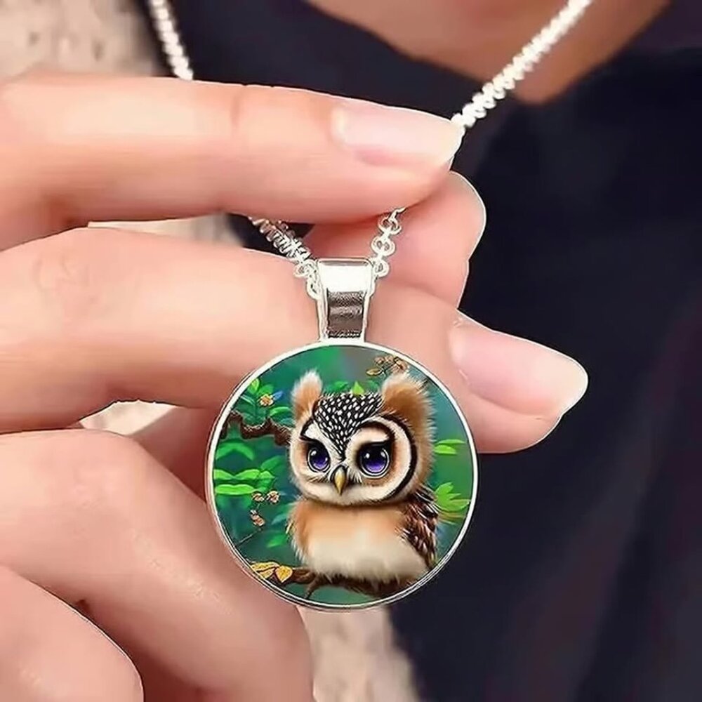 Silver OWL Glass Cabochon Pendant Necklace - Picture 2 of 3